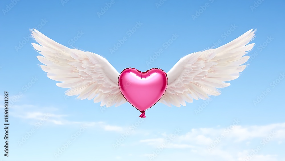 Obraz premium Pink heart shaped balloon with white angel wings floating against a clear blue sky background