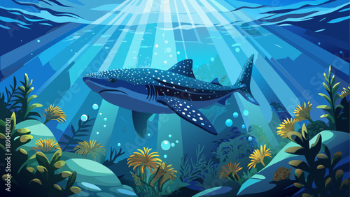 Whale shark swimming underwater with plants