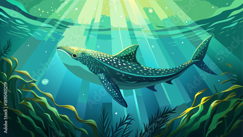 Whale shark swimming underwater with light