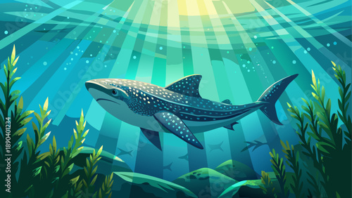 Whale shark swimming in ocean sunlight