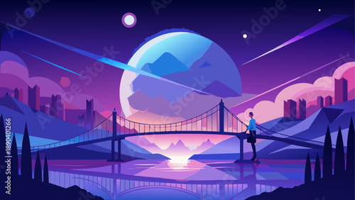 Person on bridge with celestial backdrop