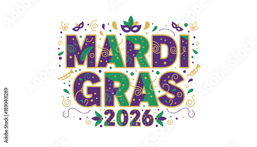 Mardi Gras graphic with purple, green, and gold decorations