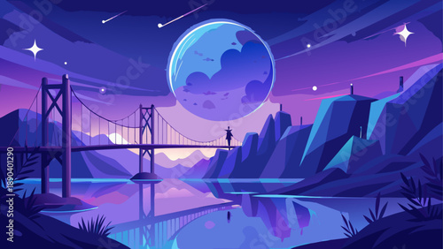 Person walking on bridge at night scenery