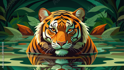 Tiger emerging from the jungle river view