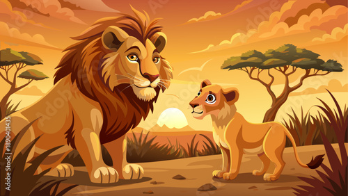 Lion and cub in the african savannah view