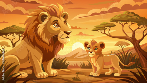 Lion and cub in the african savanna scene