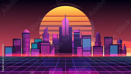Cityscape with sunset and grid landscape