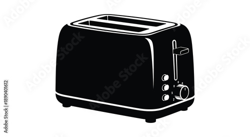 A stark black silhouette of a classic kitchen toaster stands prominently against a bright white background silhouette high quality professional detailed