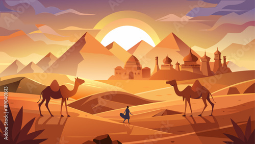 Camels and pyramids in desert landscape
