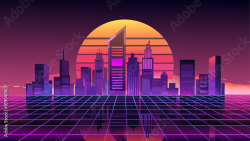 Retro city skyline with grid and sunset