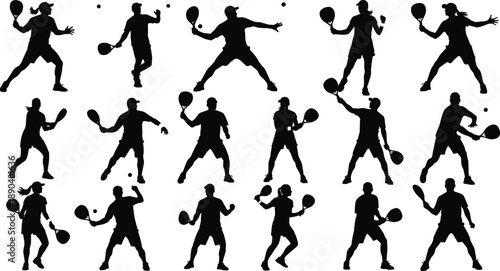 Pickleball silhouettes, paddle sport, athletic pose, dynamic motion, team play, black vector, court action, sports icon, active lifestyle, game illustration