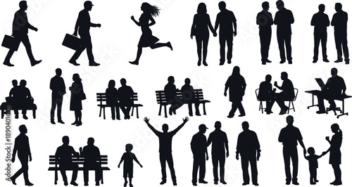 People silhouette illustration, black vector design, walking pose, sitting figure, talking pair, child interaction, public space, social behavior, everyday life