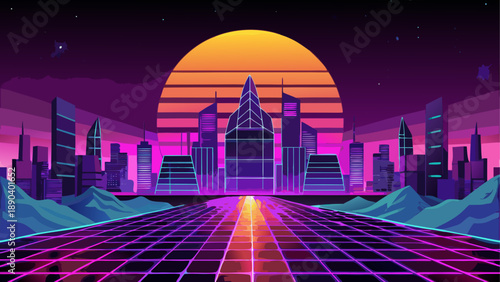 Retro city landscape with sunset and grid