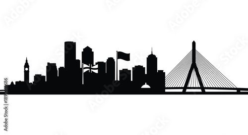 A striking black skyline of boston massachusetts featuring iconic landmarks and a bridge presented as a silhouette high quality professional detailed