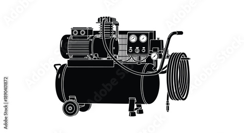 A detailed black and white line drawing depicts an industrial air compressor with a tank and hose silhouette high quality professional modern elegant