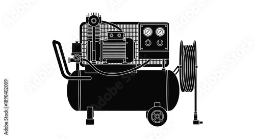 A detailed illustration depicts a black air compressor with a tank hose and gauges in silhouette high quality professional modern elegant