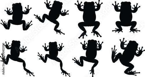 Frog silhouette collection showing jumping and climbing poses, amphibian animal illustrations isolated on white background for wildlife design use