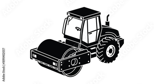 A detailed black and white outline of a road roller showcasing its mechanical components silhouette high quality professional modern elegant stylish