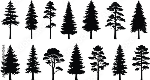 Tree silhouettes, forest icons, conifer shapes, deciduous canopy, botanical design, nature vector, foliage pattern, landscape element, black trees, plant illustration