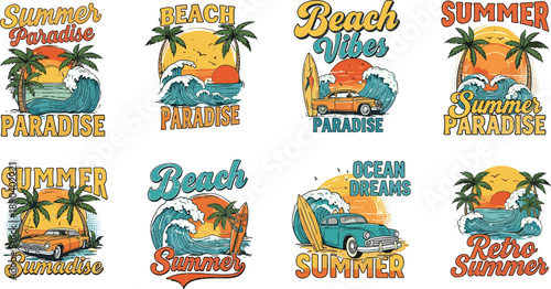 Summer vacation icons vector illustration set with nature animals flowers and holiday elements