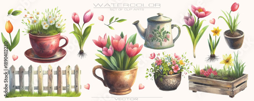 Watercolor spring illustration set featuring vibrant flowers and seasonal elements for creative design projects