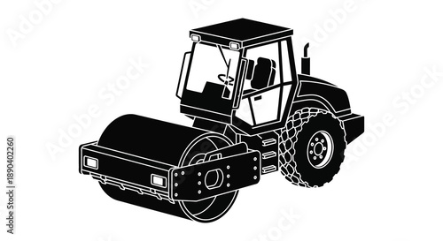 A detailed illustration of a road roller machine rendered in a stark black and white style silhouette high quality professional modern