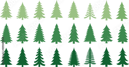 Set of green pine and fir tree illustrations showing varied evergreen shapes for forest design, nature graphics, and vector collections