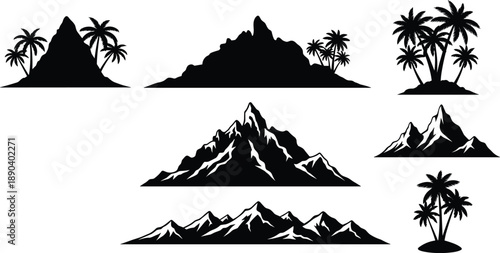 Set of island and mountain silhouettes with palm trees showing tropical and alpine landscapes for travel illustration and vector design use