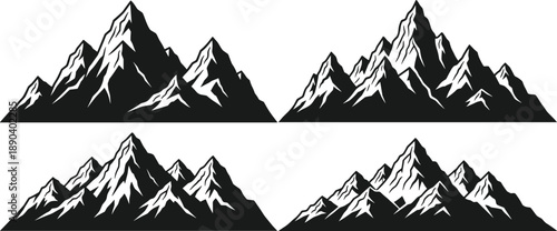 Set of mountain silhouettes in black showing rugged alpine peaks for landscape illustration, outdoor adventure graphics, and vector design use