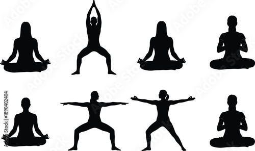 Yoga and meditation silhouette set showing seated and standing poses, black vector illustration for wellness, mindfulness, fitness, and spiritual design