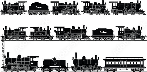 Vintage steam locomotive silhouettes collection showcasing historic railway engines and passenger cars in detailed black vector illustration set side view