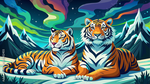 Two tigers resting under aurora borealis