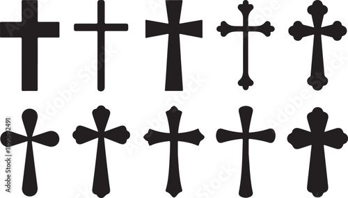 Assortment of Stylized Christian Cross Designs in Black Silhouette cross christianity religion symbol icon design stylized ornate simple faith spirituality belief worship church sacred holy divine