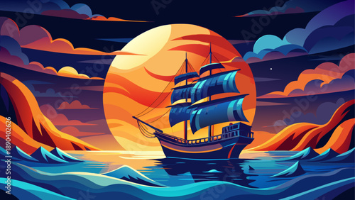Sailing ship at sea with setting sun view