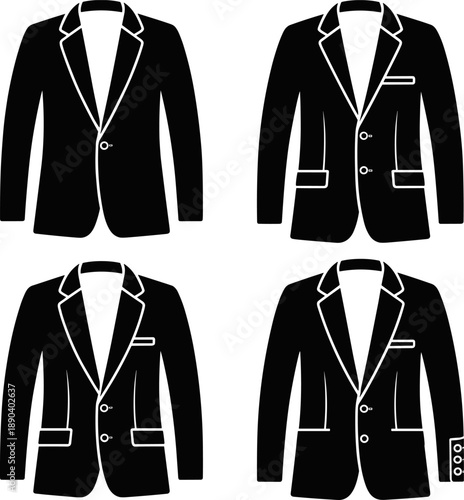 Set of Four Professional Men Suit Jacket and Blazer Silhouettes with Various Button Details and Lapel Styles Isolated on White for Tailoring and Formalwear Branding