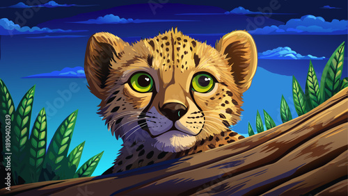 Cheetah cub peering over a fallen log art