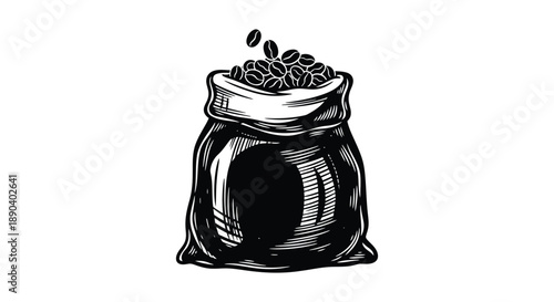 A detailed black and white illustration depicts a sack overflowing with coffee beans presented as a silhouette high quality professional modern elegant stylish
