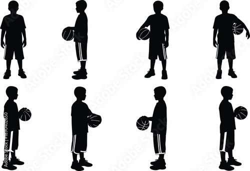 Child basketball silhouette illustration, sports posture and movement reference, black and white design, youth training concept, athletic stance guide