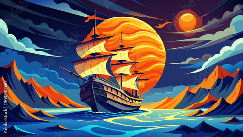 A ship sailing under a full orange moon