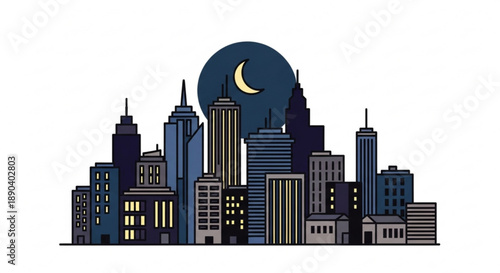 City skyline at night with moonlit urban landscape and skyscrapers