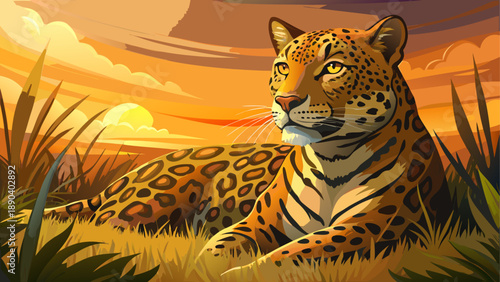 Leopard resting in the grass at sunset