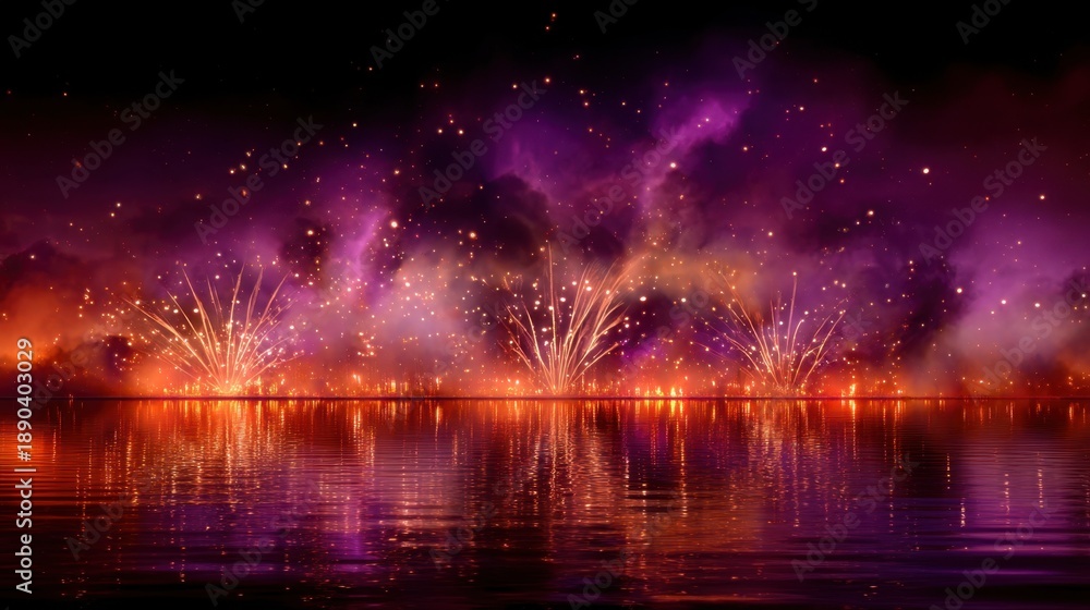 Fototapeta premium Colorful Fireworks Display Over Calm Water with Vibrant Reflections and Starry Night Sky in Beautiful Celebration Scene