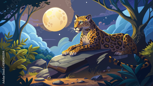 Leopard resting under the moonlight night