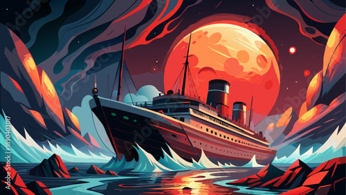 Ocean liner sailing under a full moon sky