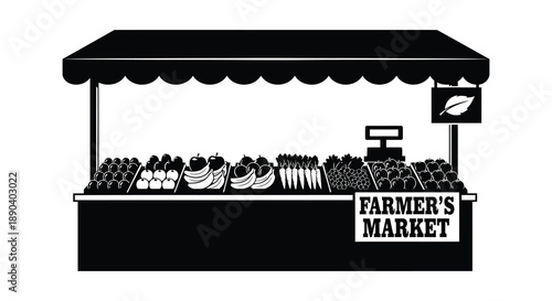 A black and white depiction of a farmer s market stall overflowing with produce presented as a silhouette high quality professional detailed