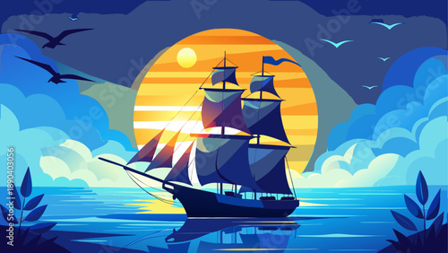 A ship sailing on the ocean at sunset time