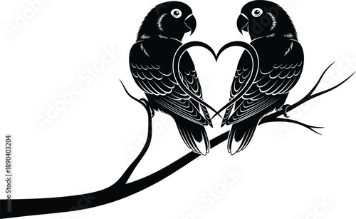 Two cute birds on a tree branch in love cartoon illustration