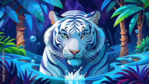 White tiger in jungle with water around
