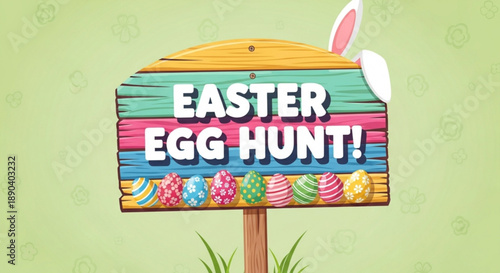 Colorful easter egg hunt sign with bunny ears on green background