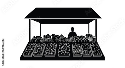A black and white depiction of a market stall with various produce and a vendor silhouette high quality professional detailed modern